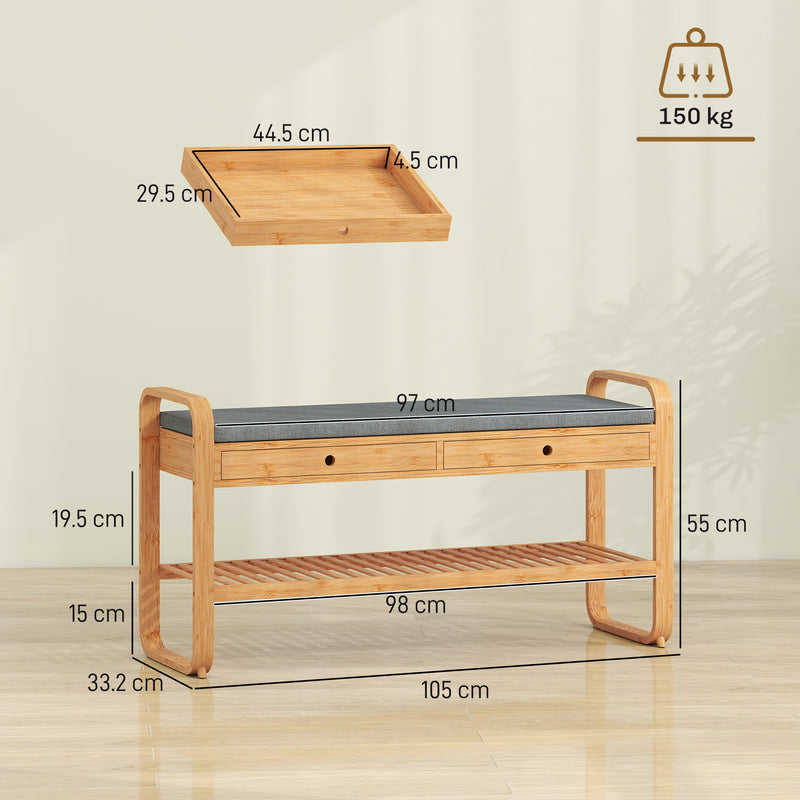 Shoe Storage Bench with Drawers and Padded Seat for Narrow Hallways Natural Bamboo Grey
