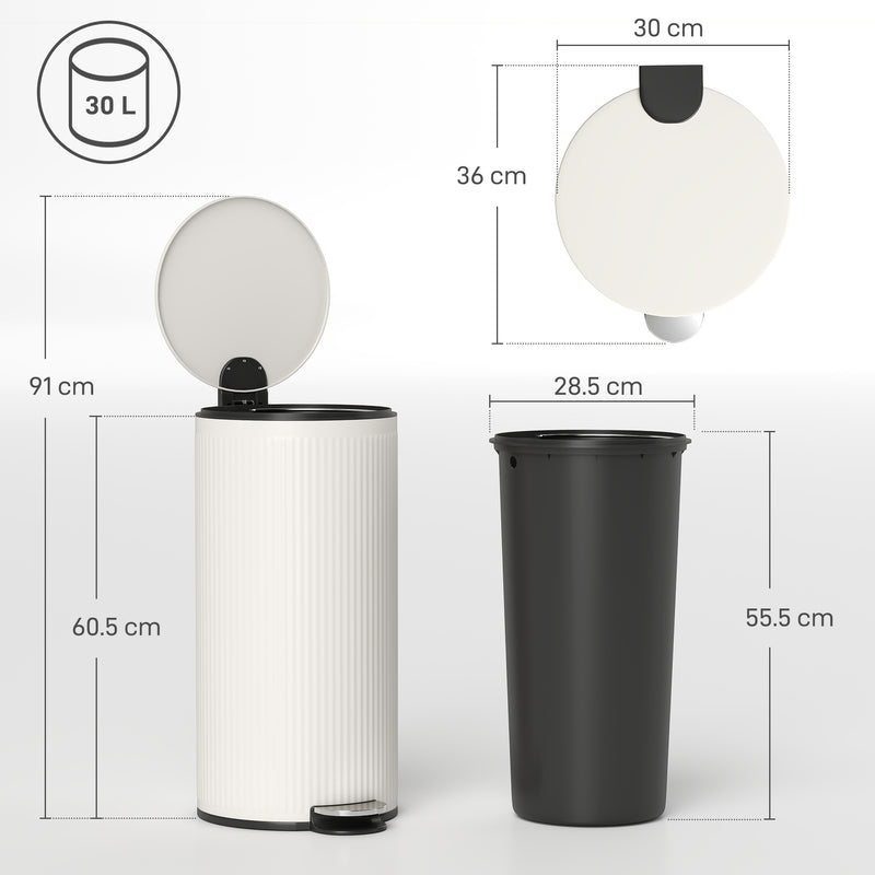 Kitchen Pedal Bin 30L with Soft Close Lid and Removable Inner Bucket Cream Homcom