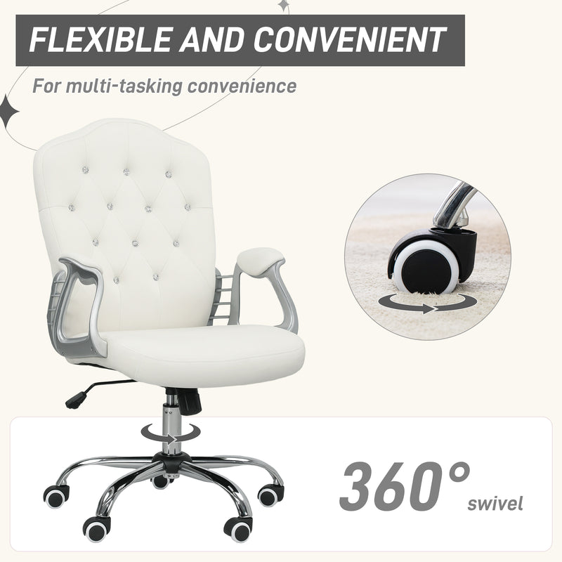 Velvet Feel Office Chair With Diamante Studded Backrest Ideal For Home Workspace, Cream