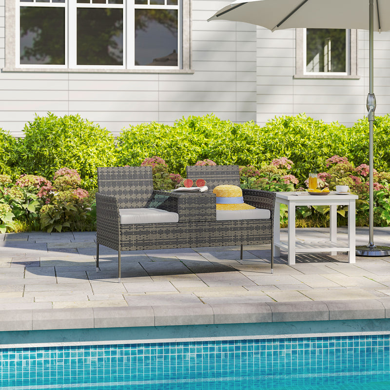 Charcoal Grey Two Seater Rattan Garden Chair with Middle Table for Garden or Patio by Outsunny
