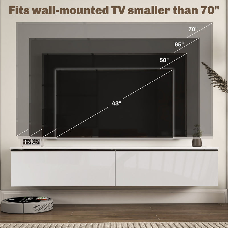 Wall Mounted High Gloss TV Unit With Storage For TVs Up To 70 Inches, White