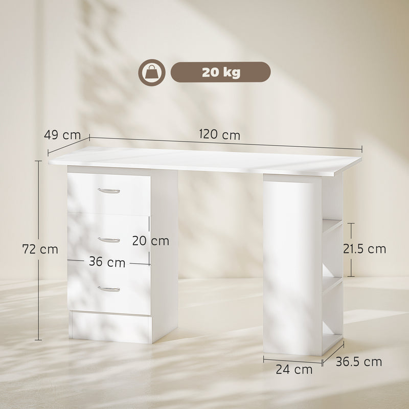 Computer Desk With Drawers and 3 Storage Shelves for Home Office Workstation, White
