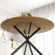 4 Seat Round Dining Table Industrial Style with Wood Effect Top and Black Steel Frame for Kitchen