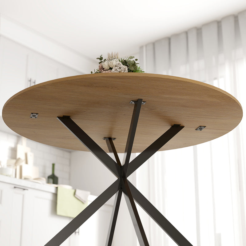 4 Seat Round Dining Table Industrial Style with Wood Effect Top and Black Steel Frame for Kitchen