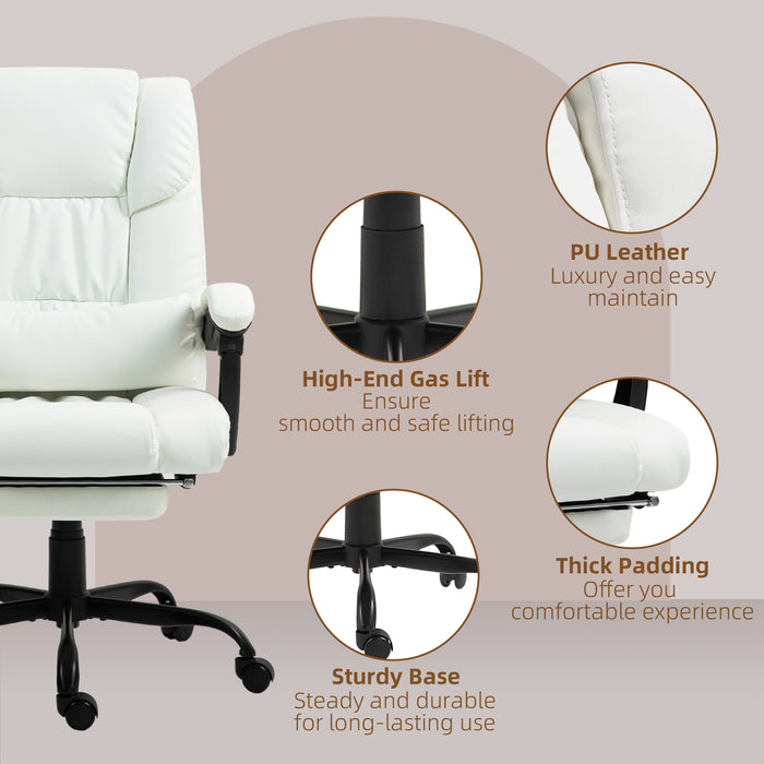 White Leather Office Chair with 6 Point Massage Adjustable Height and Footrest by Vinsetto