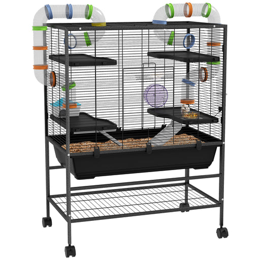 Large Hamster and Gerbil Cage with Tubes Ramps Platforms Wheel and Storage Shelf, Black
