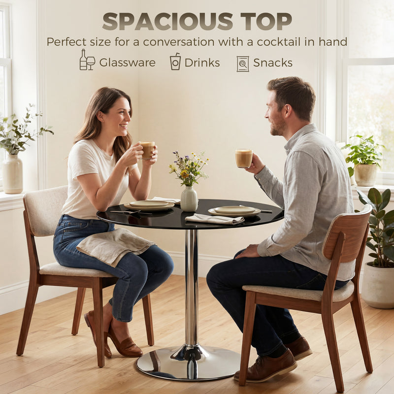 2 Seat Round Black Glass Dining Table for Small Spaces with Stable Metal Base
