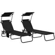 Black Folding Sun Loungers Set of 2 Adjustable Backrests and Face Canopies for Outdoor Use Black Outsunny