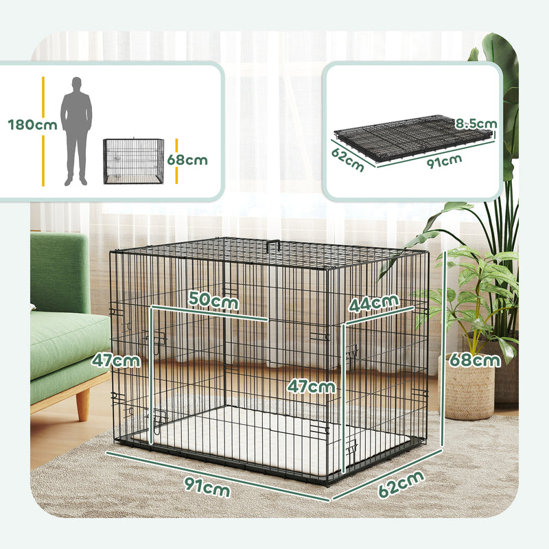 Foldable Dog Crate with 2 Doors Tray and Soft Cushion for Medium Large Dogs Black by PawHut