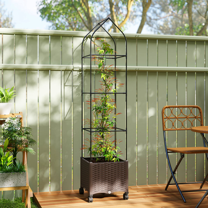 Raised Planter with Trellis and Wheels for Easy Gardening in Small Spaces Brown Outsunny