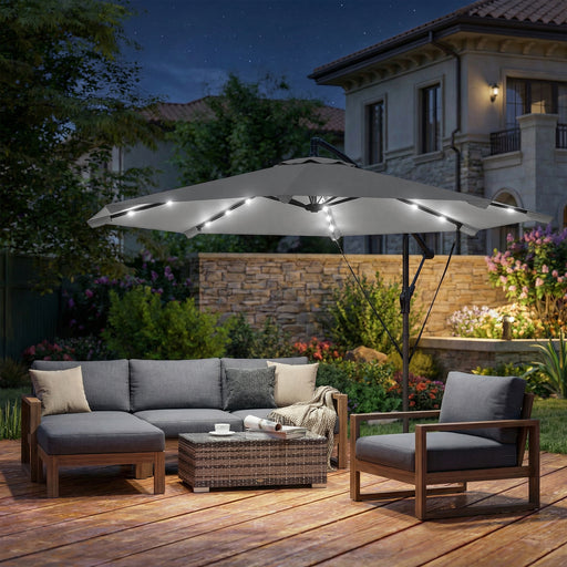Cantilever Garden Parasol with Solar LED Lights for Shaded Outdoor Seating Light Grey Outsunny