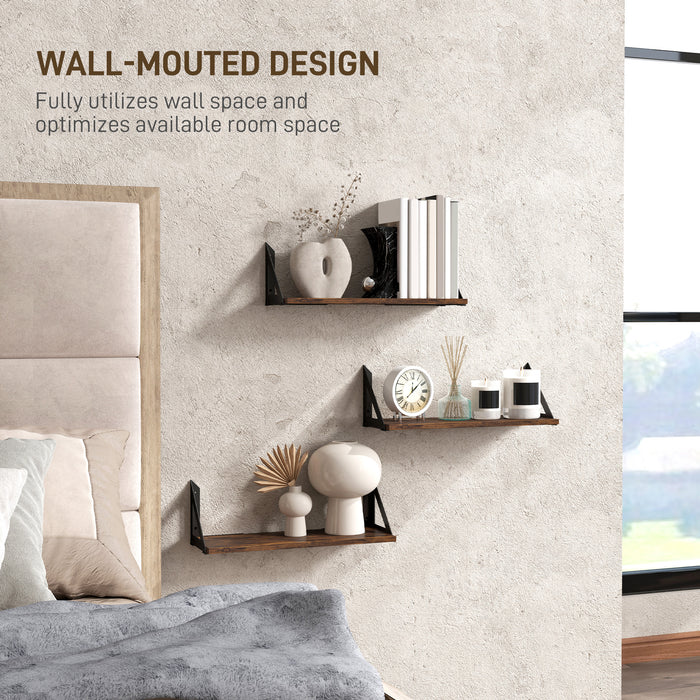 Set of 3 Rustic Brown Floating Wall Shelves for Living Room Bedroom Entryway by HOMCOM