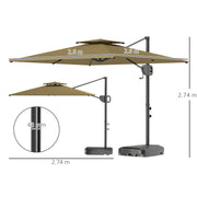 Khaki 3m Square Cantilever Parasol with Weighted Base Double Top with Crank Tilt by Outsunny