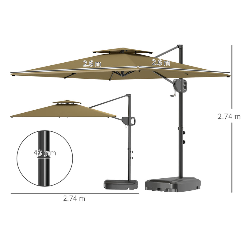 Khaki 3m Square Cantilever Parasol with Weighted Base Double Top with Crank Tilt by Outsunny