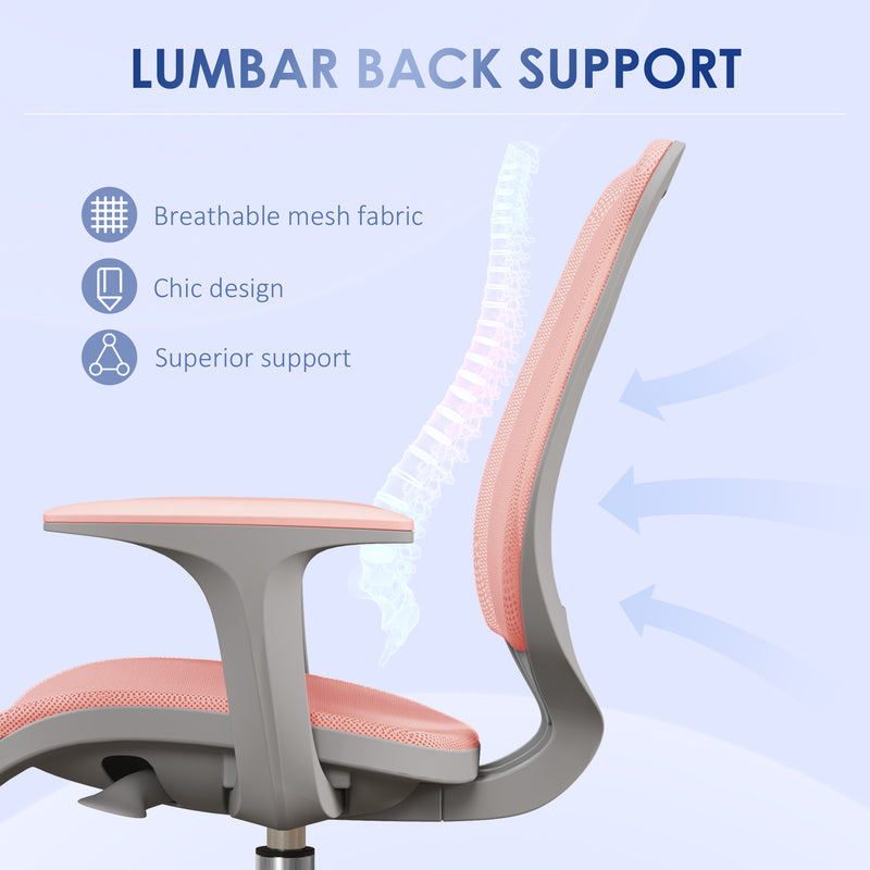 Pink Mesh Office Chair with Adjustable Height and 360 Swivel Wheels for Home or Study