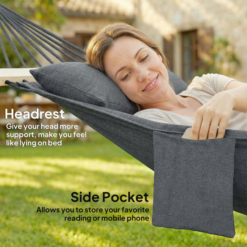 Garden Hammock with Headrest and Side Pocket for Outdoor Relaxation Dark Grey