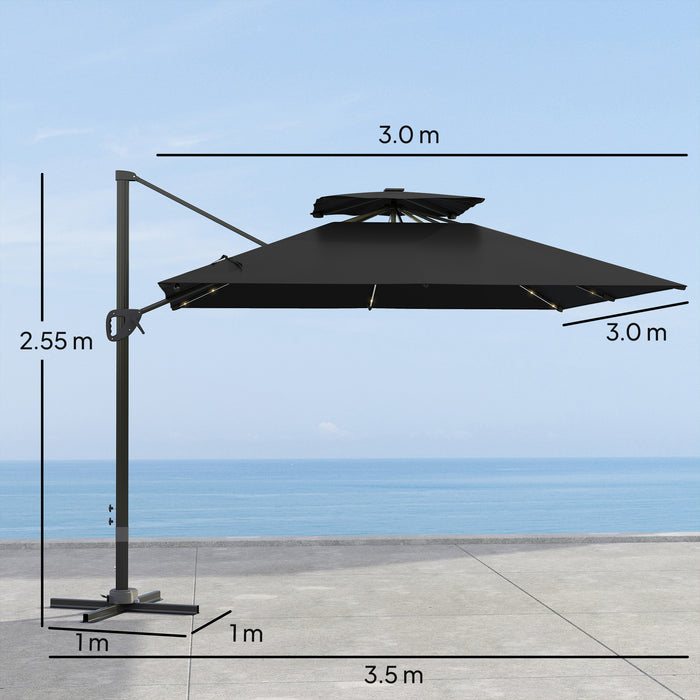 Black 3.5x3 m Square Cantilever Parasol with Solar LED Lights and UPF50+ Shade by Outsunny