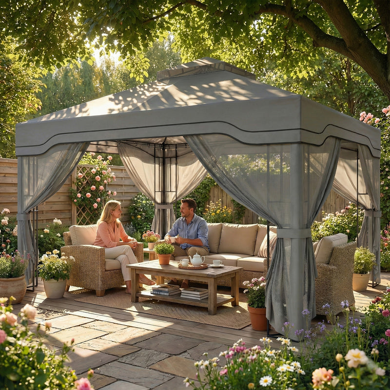 3x3.6m Metal Garden Gazebo with 2-Tier Roof and Mesh Panels for Cool Shaded Outdoor Seating, Dark Grey Outsunny