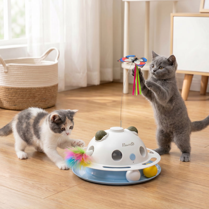 Automatic Interactive Cat Toy for Indoor Play and Exercise with Feathers and Butterfly Blue White Pawhut