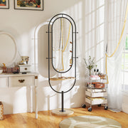 Full Length Oval Mirror with Wooden Storage Tray and 4 Coat Hooks for Hallway, Black