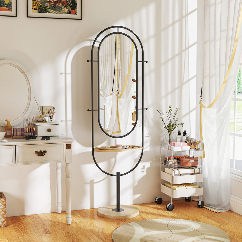 Full Length Oval Mirror with Wooden Storage Tray and 4 Coat Hooks for Hallway, Black