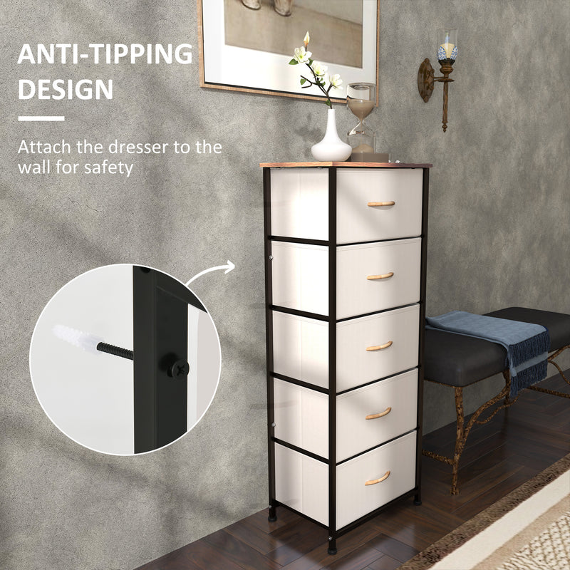Cream White Fabric Chest of Drawers with 5 Storage Drawers and Wooden Top by HOMCOM