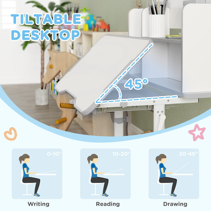 Height Adjustable Kids Desk and Chair Set with Tiltable Desktop and Reading Rack Grey by AIYAPLAY