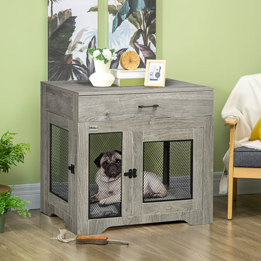 Dog Crate End Table with Two Doors and Storage Drawer for Medium Dogs Grey