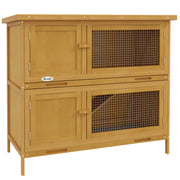 Two Tier Wooden Rabbit Hutch with Slide Out Tray for Outdoor Use, Yellow