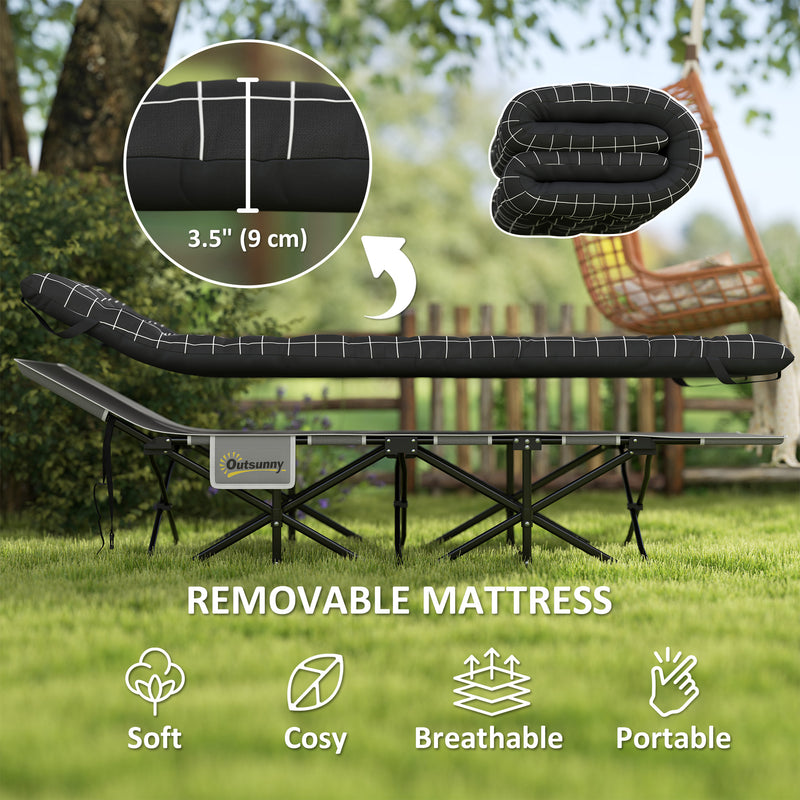 Folding Camping Bed with Thick Mattress and Head Support for Comfortable Outdoor Sleep Black