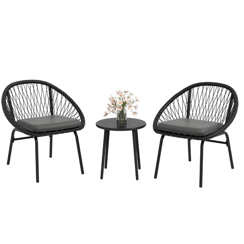 Black 3 Piece Rattan Bistro Set With Cushions For Balcony Or Small Garden Spaces