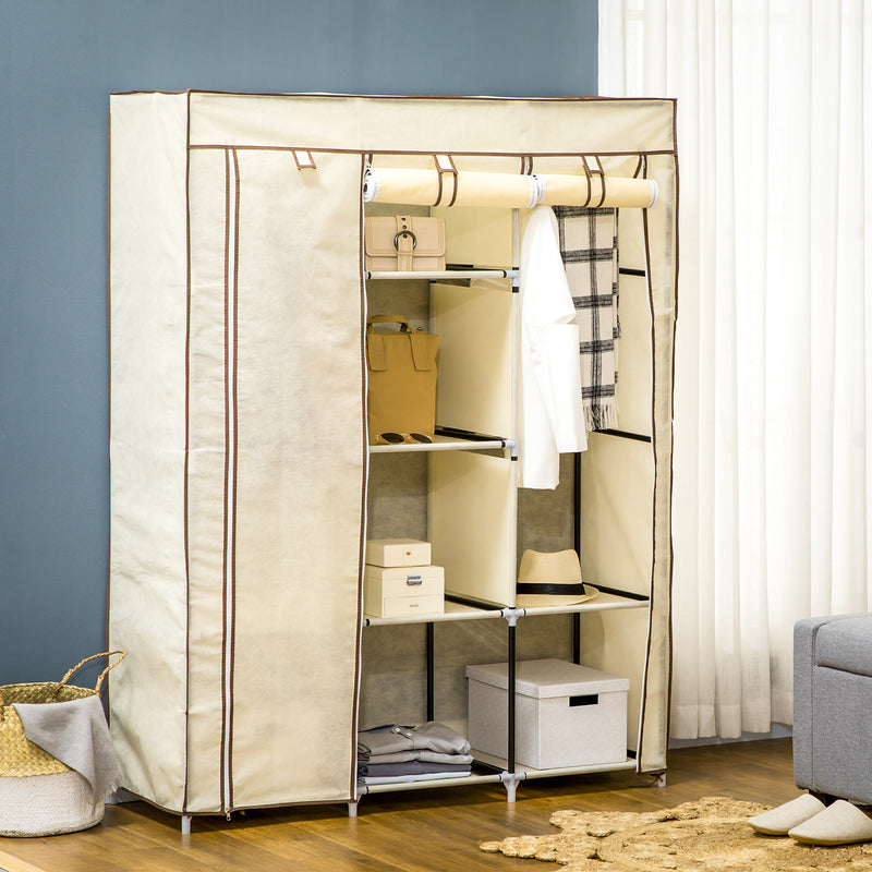 Cream White Fabric Portable Wardrobe with 8 Shelves and 2 Hanging Rods by HOMCOM
