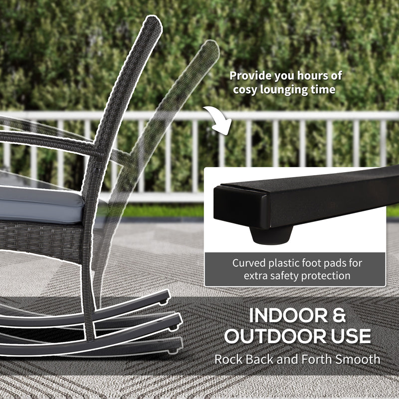 Set of 2 Rattan Garden Rocking Chairs With Cushions and Armrests For Outdoor Use, Grey