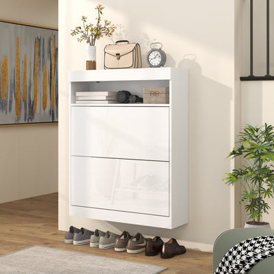 Shoe Storage Cabinet With Flip Doors Holds 16 Pairs Space Saving Design White