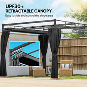 3 x 3 m Metal Garden Pergola with Retractable Canopy and Curtains UPF30 Sun Shade Dark Grey AOSOM