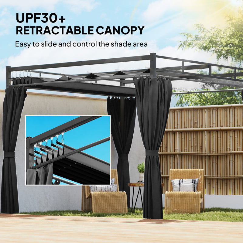 3 x 3 m Metal Garden Pergola with Retractable Canopy and Curtains UPF30 Sun Shade Dark Grey AOSOM