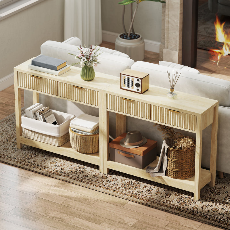 Modern Console Table with Fluted Drawers and Shelf for Hallway or Living Room, Natural Wood Finish