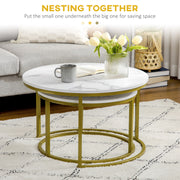 Round Nesting Coffee Table Set of 2 with Faux Marble Tops for Living Room White