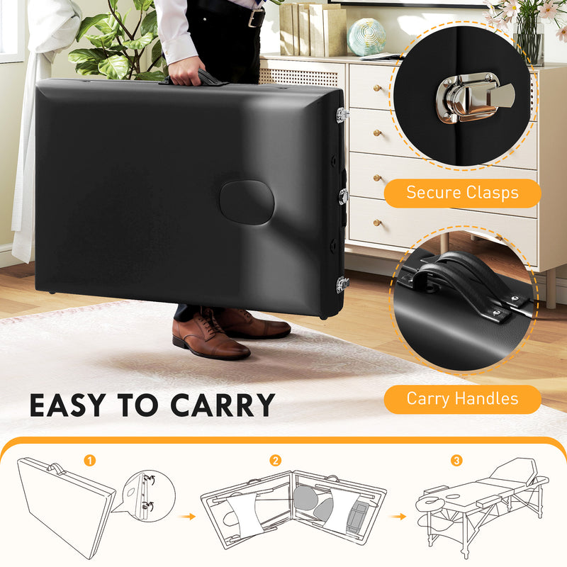 Black Foldable Massage Table with Beech Wood Legs Ideal for Home or Mobile Therapists