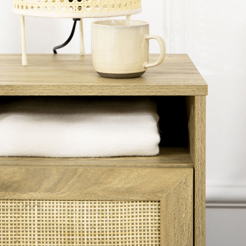 Rattan Bedside Table with Shelf and Cupboard for Bedroom Storage Natural