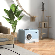 Enclosed Cat Litter Box with Lid Pull Out Tray Scoop and Top Exit for Easy Cleaning, Blue