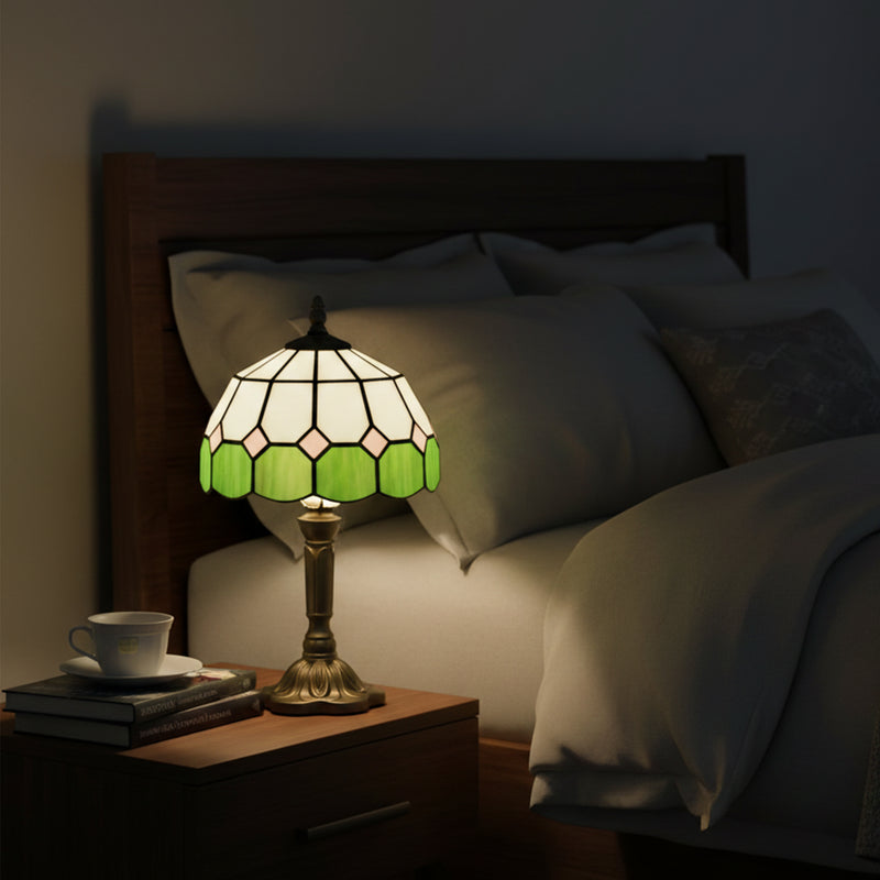 Stained Glass Table Lamp Tiffany Style - Handmade Glass Table Lamp with Art Deco Design for Living Room White & Green
