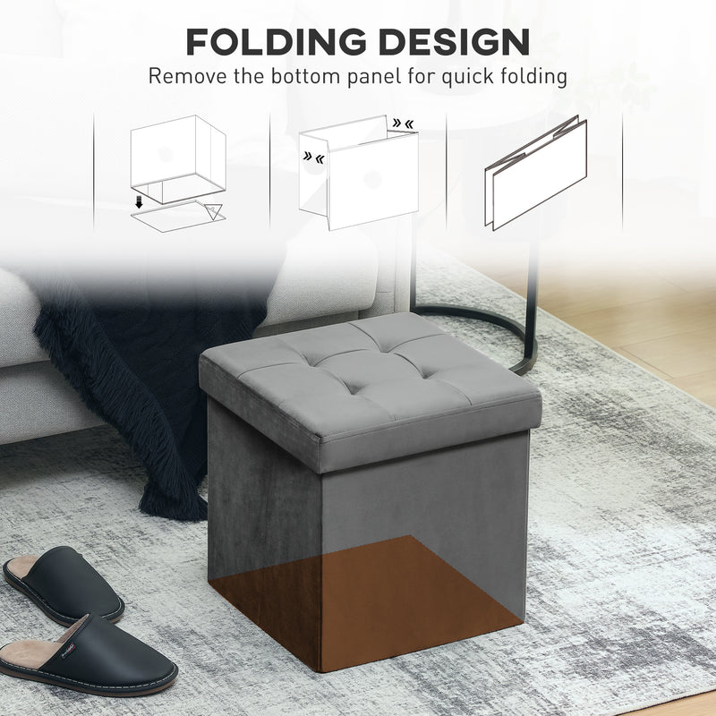 Foldable Velvet Feel Storage Ottoman With Padded Seat And Hidden Compartment Grey
