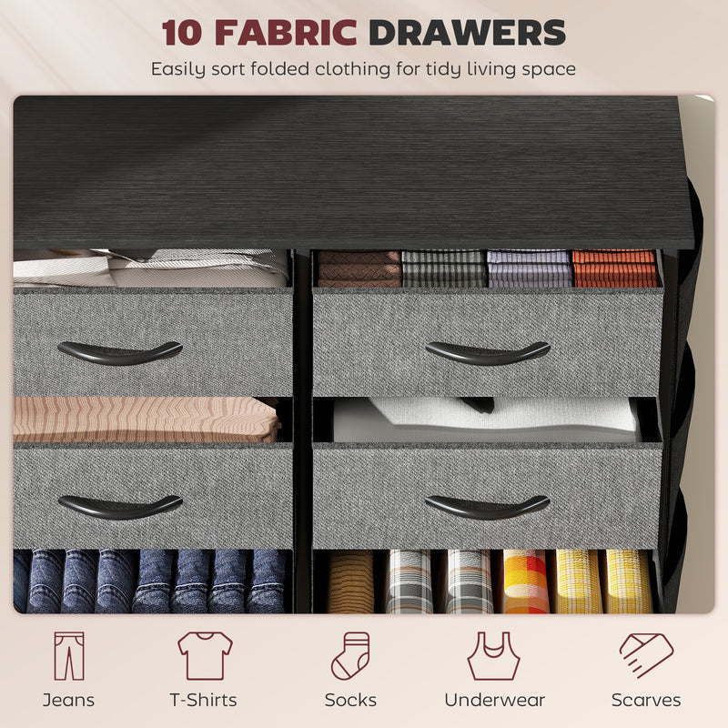 Tall Chest of 10 Fabric Drawers for Bedroom Storage with Steel Frame, Charcoal Grey