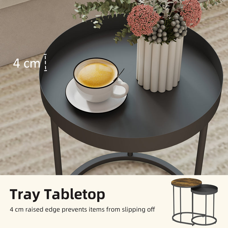 Set of 2 Round Nesting Side Tables with Space Saving Design for Living Room Rustic Brown