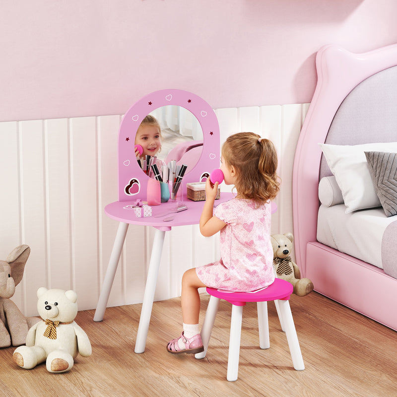 Kids Vanity Table with Mirror and Stool for Bedroom or Nursery Ages 3 to 6 Pink AOSOM