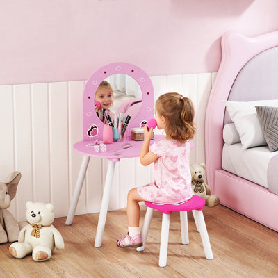 Kids Vanity Table with Mirror and Stool for Bedroom or Nursery Ages 3 to 6 Pink AOSOM
