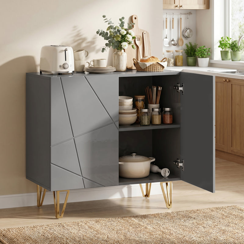 Sideboard with Adjustable Shelf for Living Room Storage High Gloss Grey Gold Tone