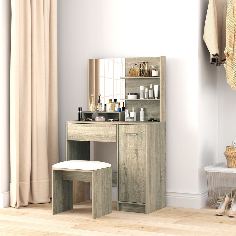 Natural Wood Dressing Table with Storage and Matching Stool Set
