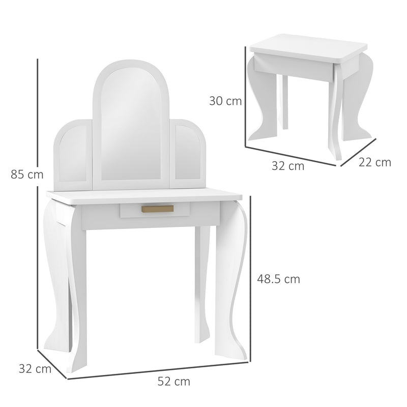 Kids Dressing Table Set With Mirror and Storage Drawer Ideal for Bedroom Playtime White